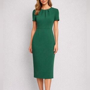 Maggy London Emerald Green Sheath Dress Pleated Neck Short Sleeve Knee Length